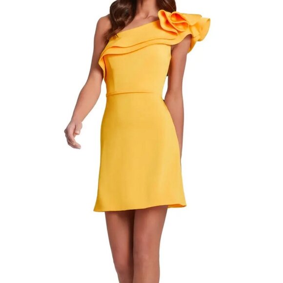 Mac Duggal Lemon Yellow One-Shoulder Ruffle Mini Dress - Picture 1 of 3